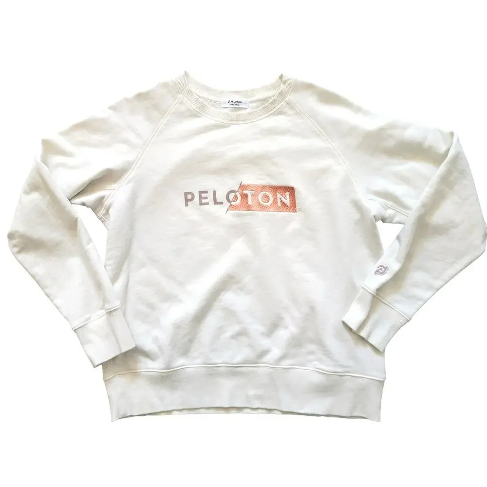 Peloton Cream Embroidered Crew Neck French Terry Pullover Sweatshirt Women Sz L - Picture 1 of 10